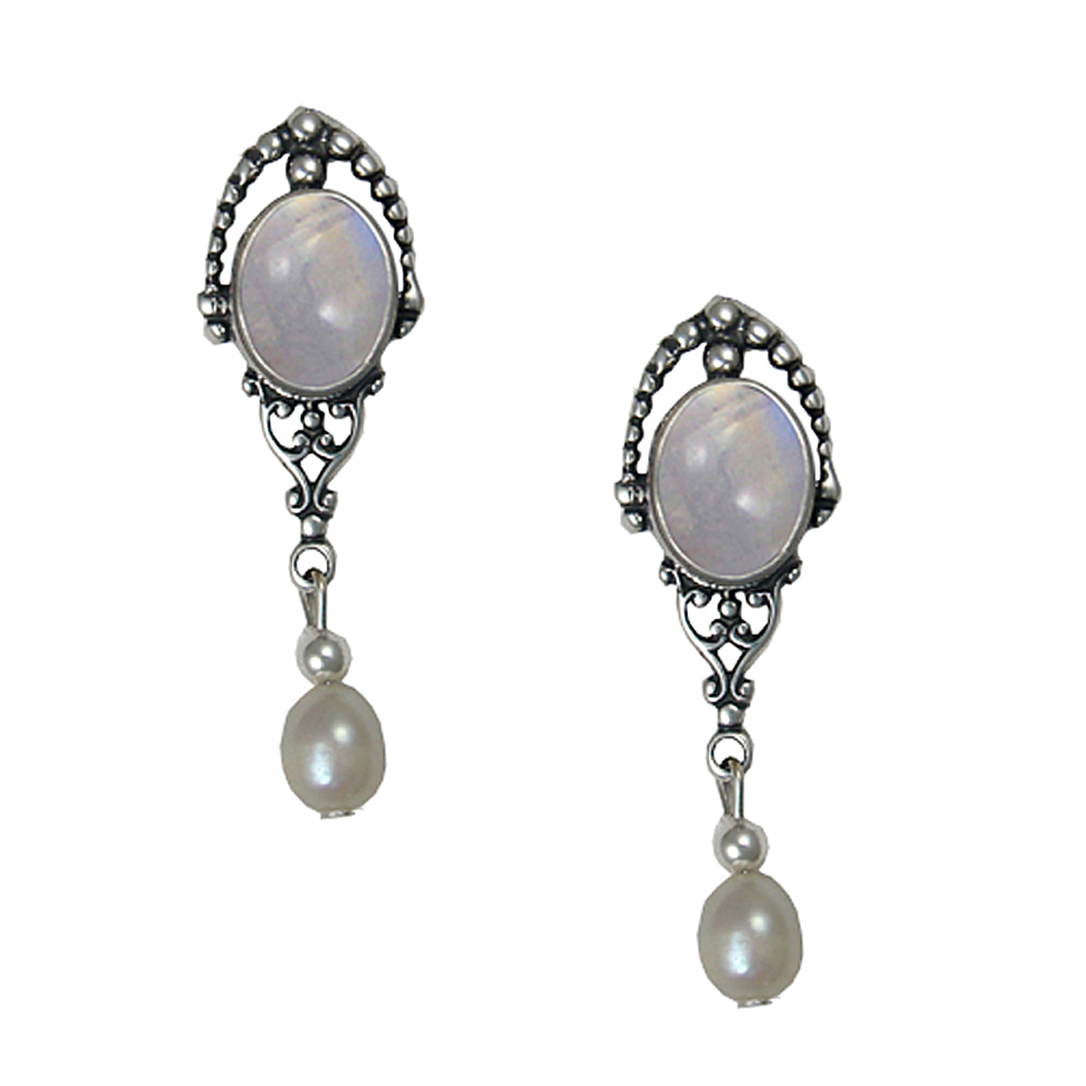 Sterling Silver Cultured Freshwater Pearl Drop Dangle Earrings With Rainbow Moonstone